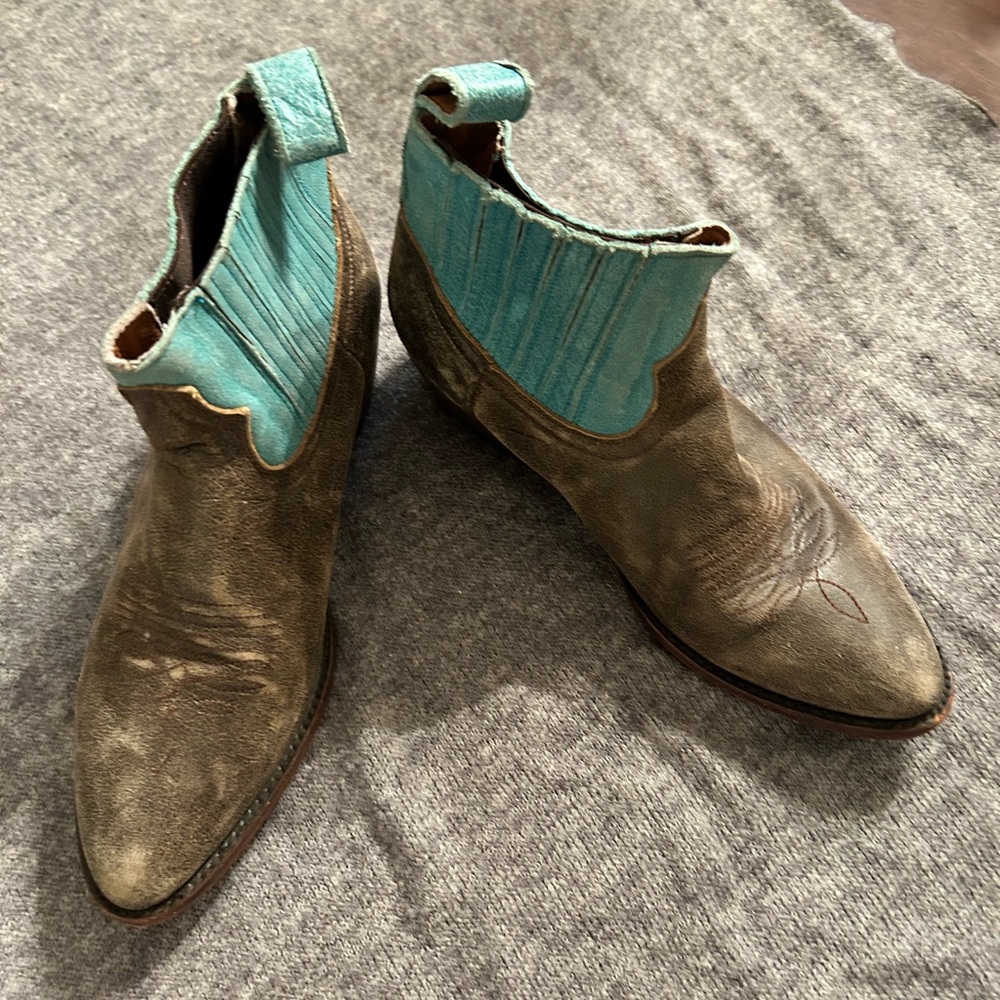 Taupe and turquoise ankle cowboy boots
